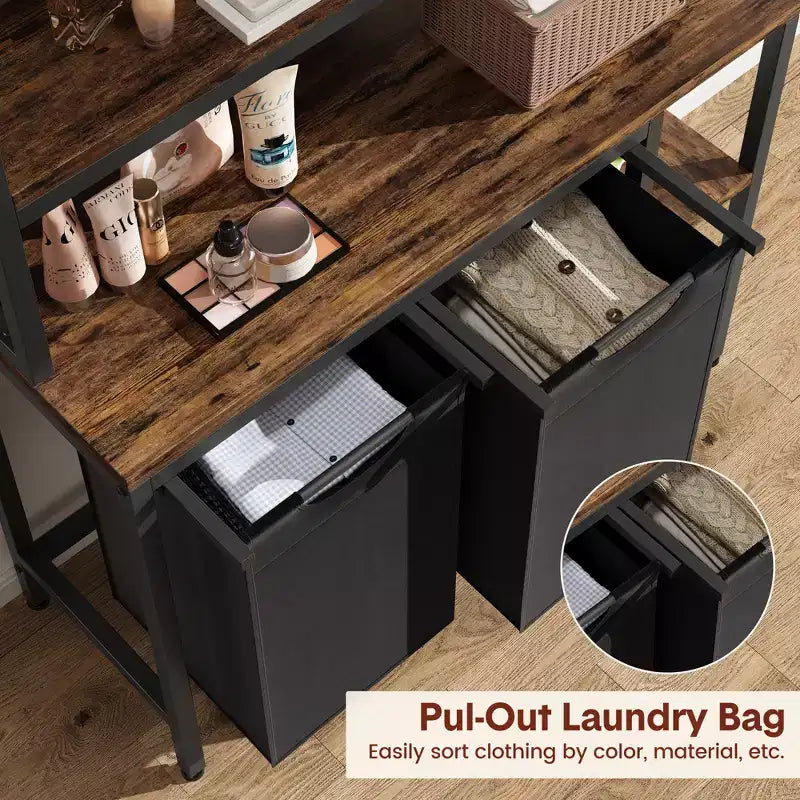 Trieur à linge métallique avec 2 sacs coulissants et étagères de rangement