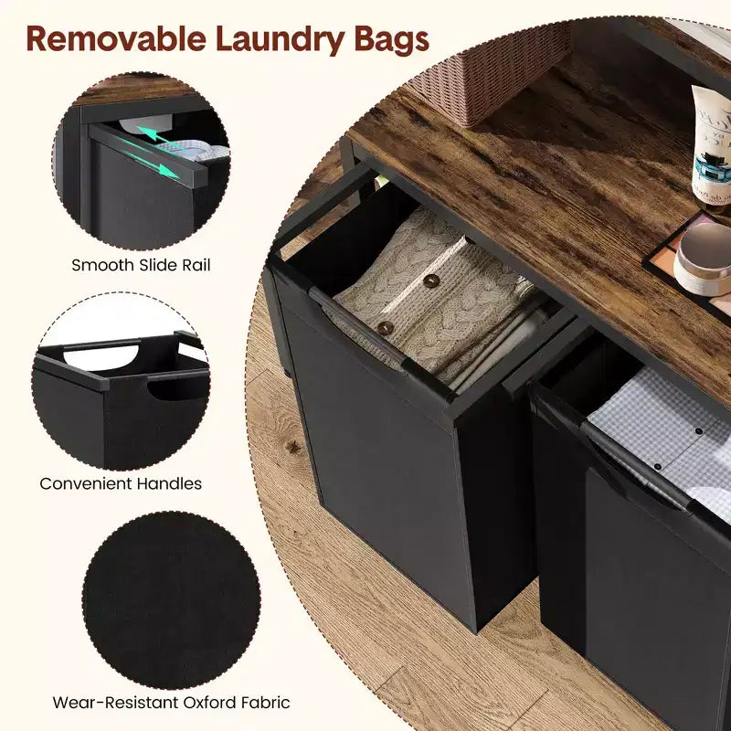 Trieur à linge métallique avec 2 sacs coulissants et étagères de rangement