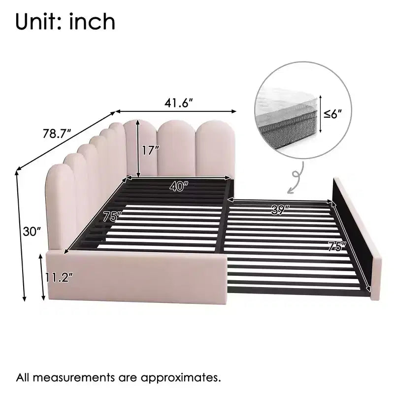 Lit de repos double en velours avec lit gigogne escamotable et cadre à lattes métalliques 76,2 cm H x 199,9 cm L x 105,7 cm P