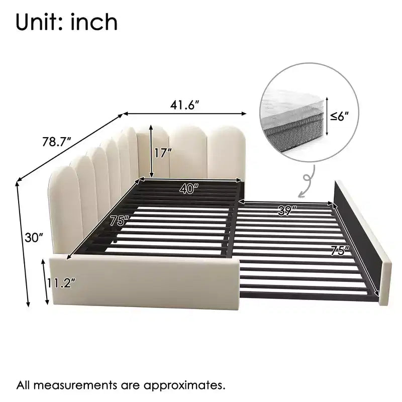 Lit de repos double en velours avec lit gigogne escamotable et cadre à lattes métalliques 76,2 cm H x 199,9 cm L x 105,7 cm P
