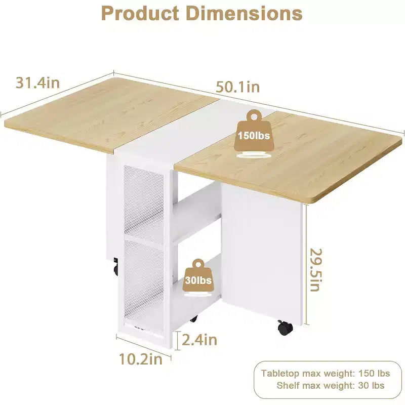 Table à manger pliante en bois avec roulettes 75 cm (H) x 80 cm (l) x 127 cm (P)
