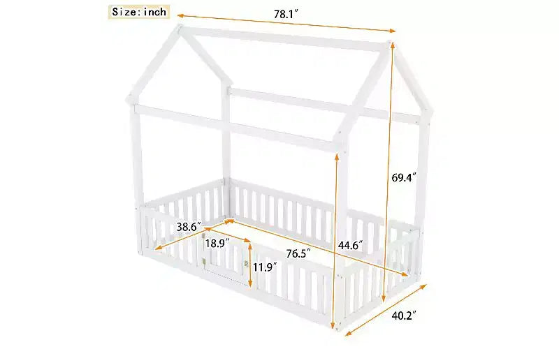 Lit au sol en forme de maison pour enfant Pine Kids, jumeau 183,9 cm H x 102,1 cm l x 198,4 cm P