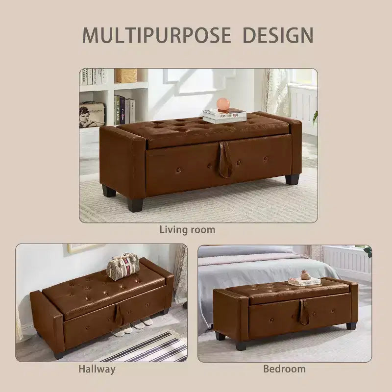 Banc de rangement ottoman en bois et similicuir 43,2 cm (H) x 46 cm (l) x 122 cm (P)