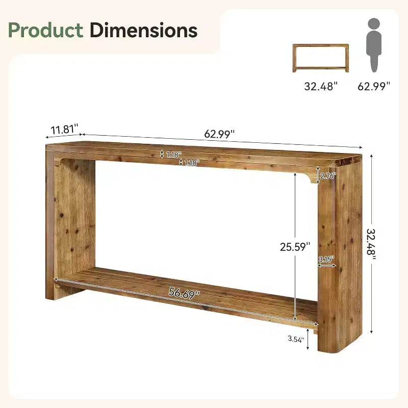 Console 2 plateaux en bois massif H 83 cm x L 30 cm x P 160 cm