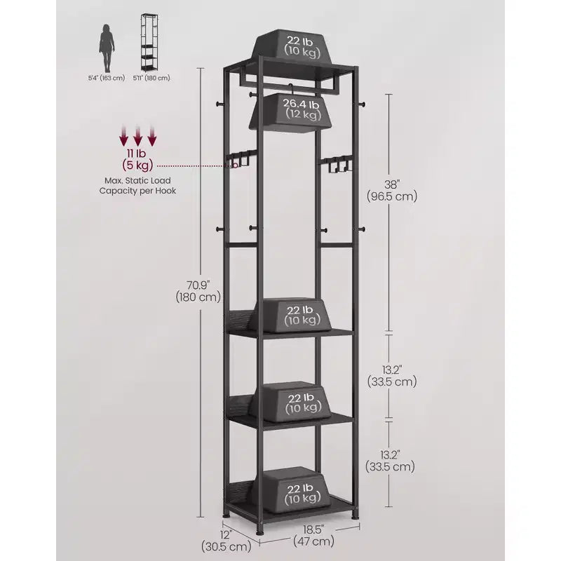 Porte-manteau autoportant en acier avec étagères et crochets 180 cm H x 47 cm L x 30,5 cm P