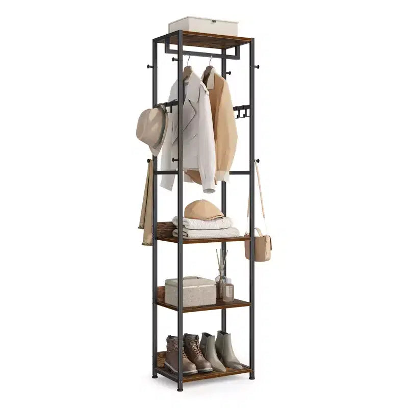 Porte-manteau autoportant en acier avec étagères et crochets 180 cm H x 47 cm L x 30,5 cm P