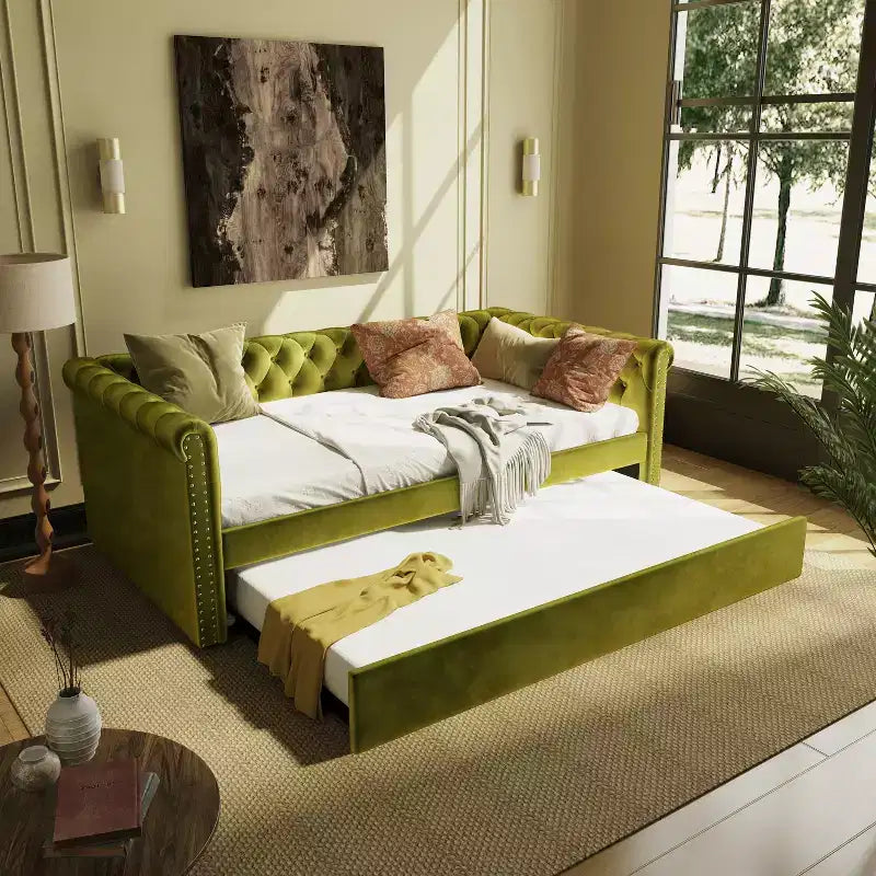 Lit de repos en velours rembourré avec lit gigogne 31''H x 86''W x 45''P