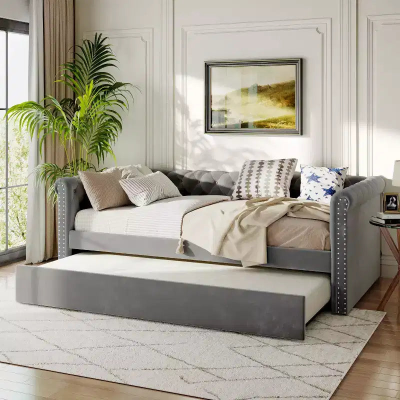 Lit de repos en velours rembourré avec lit gigogne 31''H x 86''W x 45''P