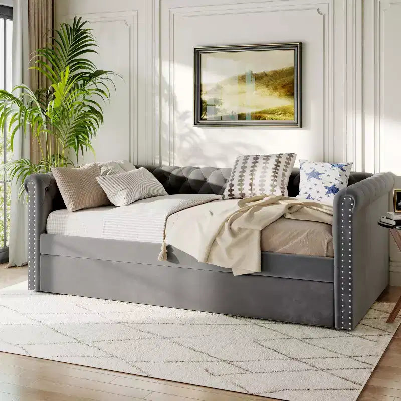 Lit de repos en velours rembourré avec lit gigogne 31''H x 86''W x 45''P