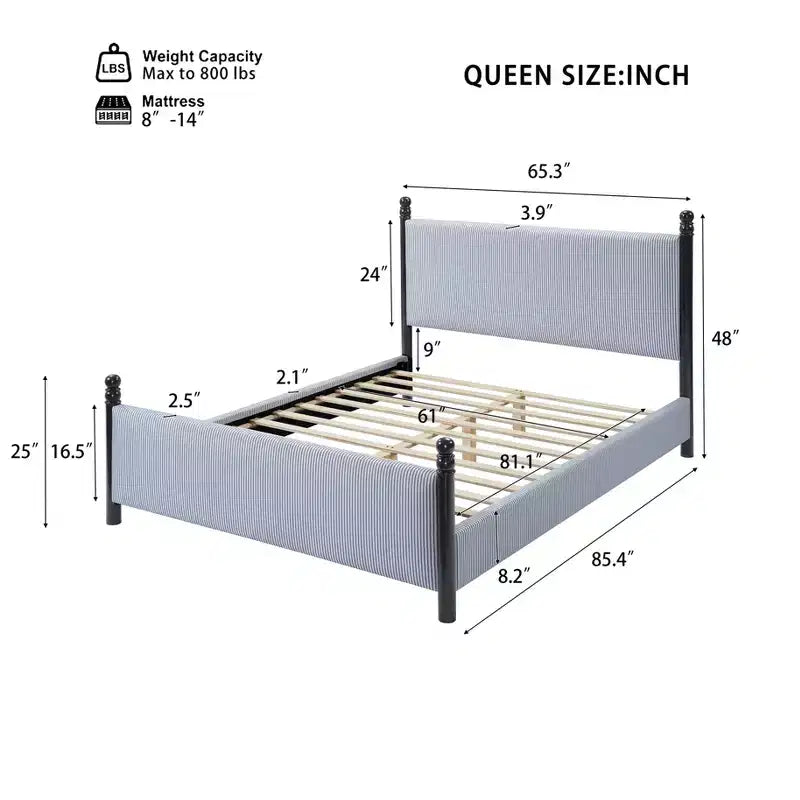 Lit plateforme tapissé en bois d'hévéa Grand lit/Très grand lit 122 cm H x 165,9 cm L x 216,9 cm P