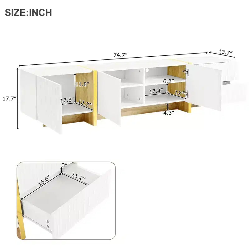 Meuble TV cannelé en MDF pour téléviseurs jusqu'à 80'', 45 cm H x 190 cm L x 35 cm P