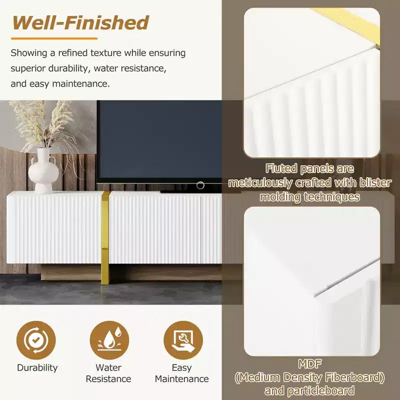 Meuble TV cannelé en MDF pour téléviseurs jusqu'à 80'', 45 cm H x 190 cm L x 35 cm P