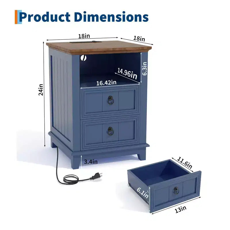 Table de chevet en bois à 2 tiroirs avec station de charge 61 cm (H) x 46 cm (l) x 46 cm (P)