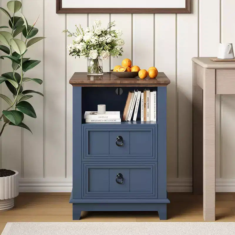 Table de chevet en bois à 2 tiroirs avec station de charge 61 cm (H) x 46 cm (l) x 46 cm (P)