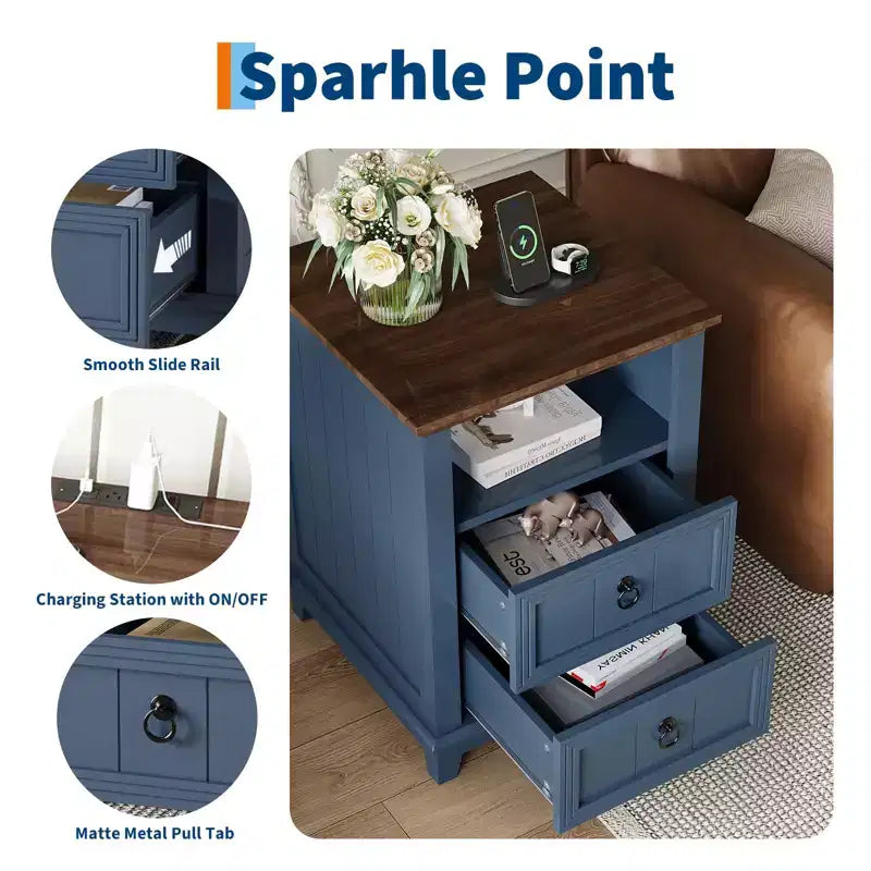 Table de chevet en bois à 2 tiroirs avec station de charge 61 cm (H) x 46 cm (l) x 46 cm (P)