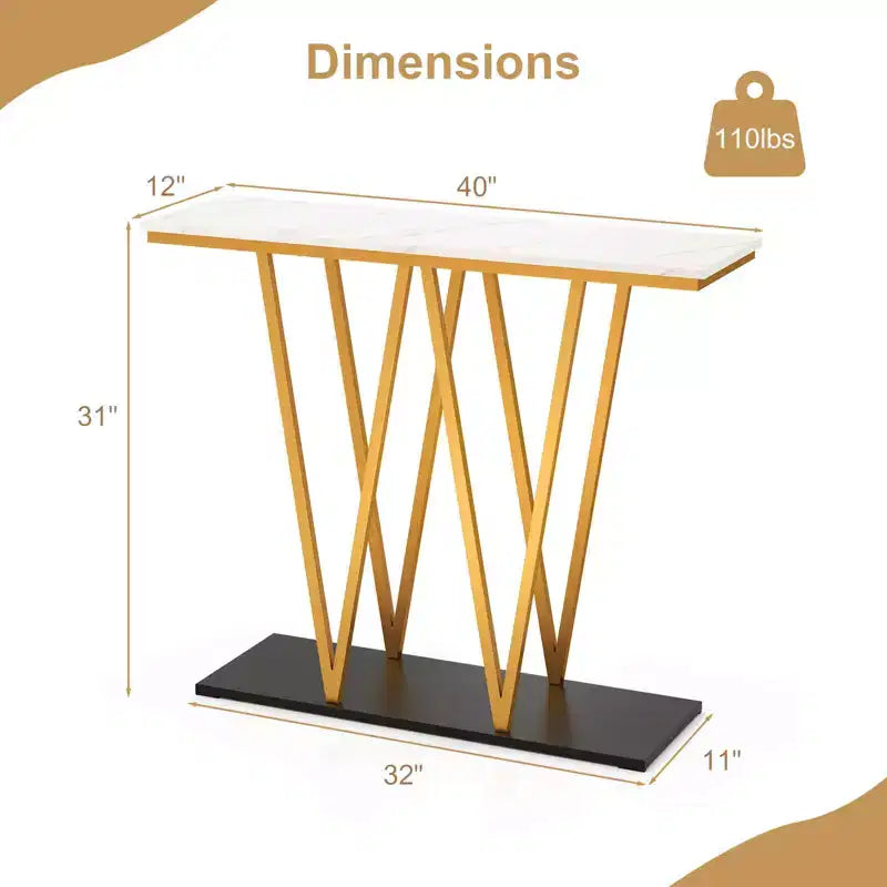 Console d'entrée en métal et MDF imitation marbre 31''H x 12''L x 40''P