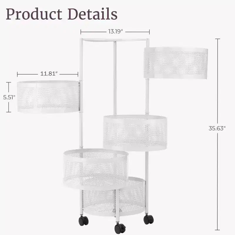 Étagère de rangement à roulettes en métal à 5 niveaux 90,5 cm (H) x 33,5 cm (l) x 33,5 cm (P)
