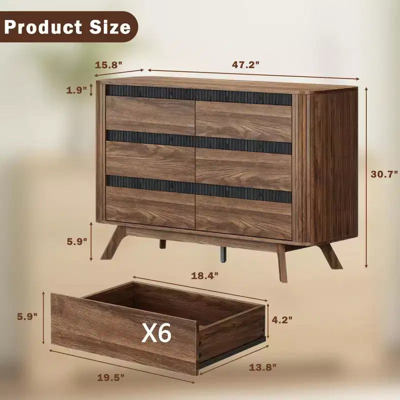 Commode 6 tiroirs en MDF avec volet roulant 78 cm H x 40 cm L x 120 cm P