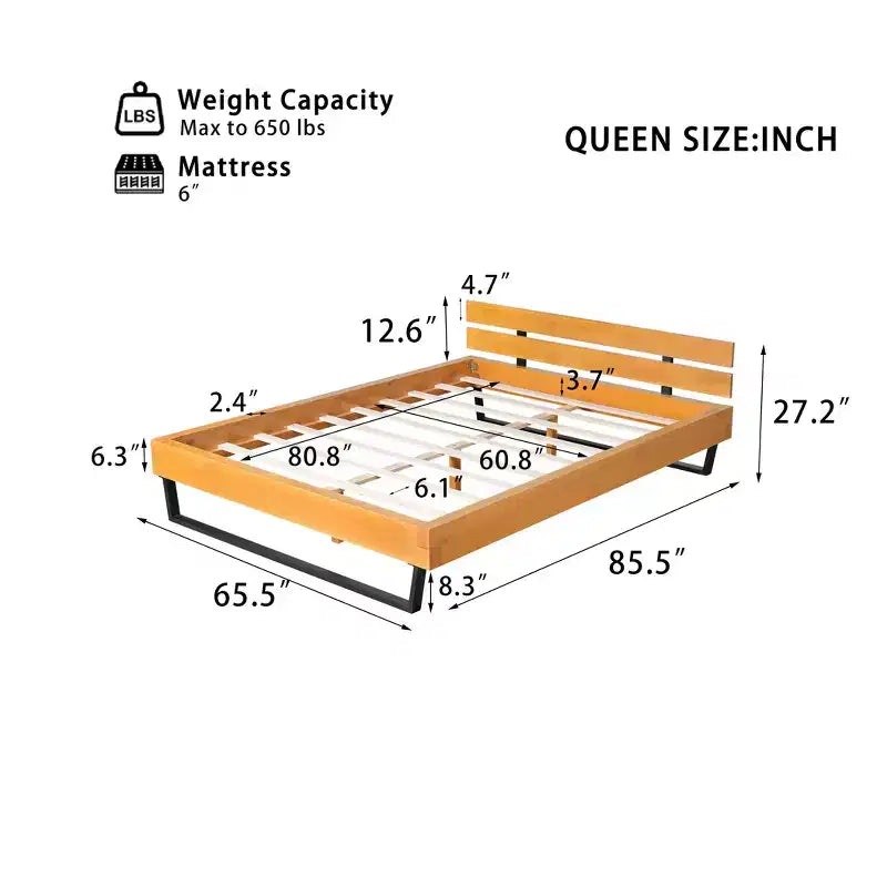 Cadre de lit plateforme en pin et fer avec tête de lit Queen/King