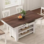 36in Counter Height Rectangular Dining Table with 2 Drawers, Wine Rack & 3 Shelves, Farmhouse Wood Kitchen Table for Bar & Entertaining, Brown+White