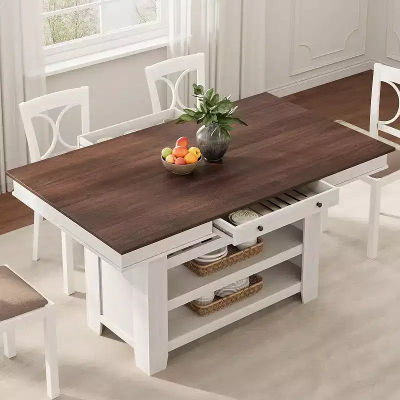 36in Counter Height Rectangular Dining Table with 2 Drawers, Wine Rack & 3 Shelves, Farmhouse Wood Kitchen Table for Bar & Entertaining, Brown+White