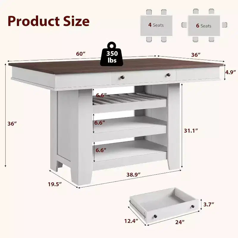 Table à manger en bois hauteur comptoir 91 cm avec 2 tiroirs, casier à vin et 3 étagères
