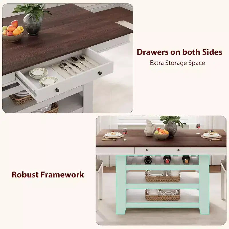 Table à manger en bois hauteur comptoir 91 cm avec 2 tiroirs, casier à vin et 3 étagères