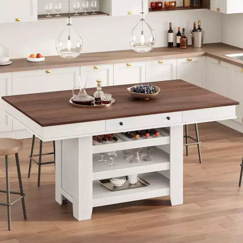 Table à manger en bois hauteur comptoir 91 cm avec 2 tiroirs, casier à vin et 3 étagères