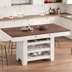 Table à manger en bois hauteur comptoir 91 cm avec 2 tiroirs, casier à vin et 3 étagères