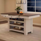 Table à manger en bois hauteur comptoir 91 cm avec 2 tiroirs, casier à vin et 3 étagères