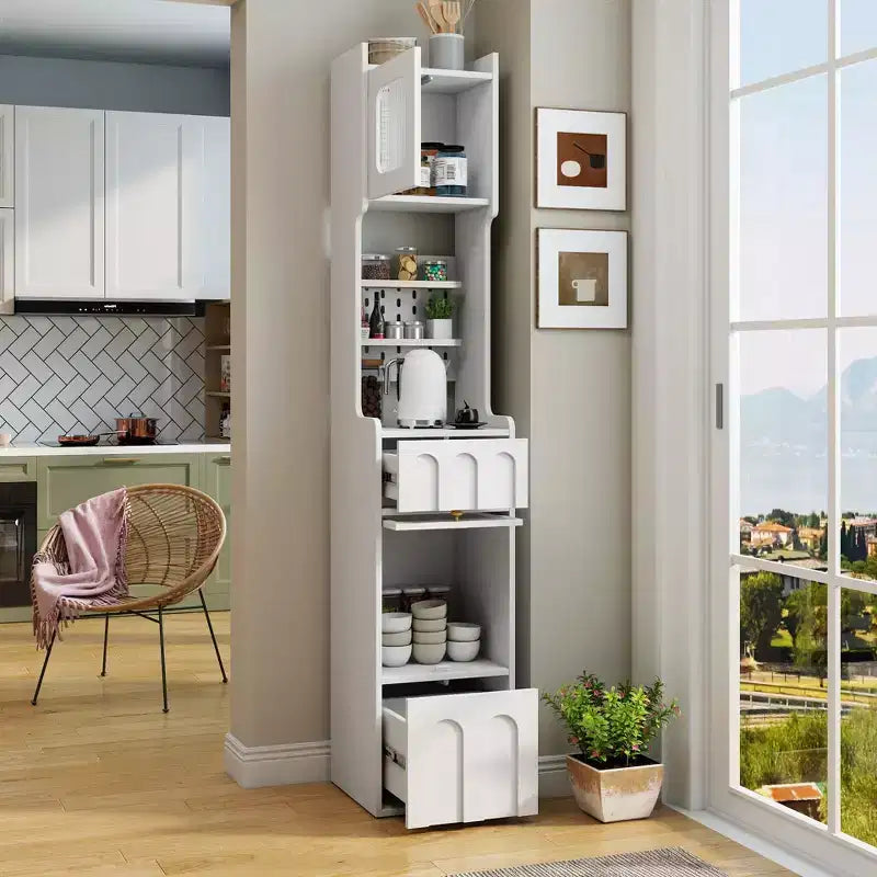 Armoire de rangement haute et étroite en panneaux de particules et MDF, 1 porte et 2 tiroirs, 180 cm de hauteur