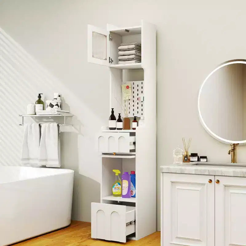 Armoire de rangement haute et étroite en panneaux de particules et MDF, 1 porte et 2 tiroirs, 180 cm de hauteur