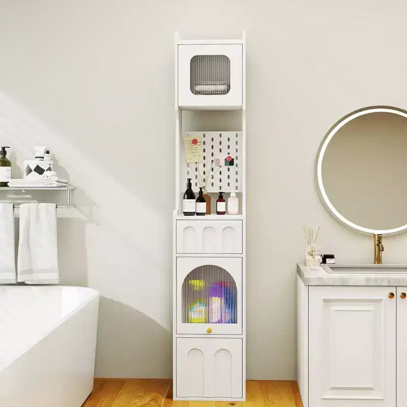 Armoire de rangement haute et étroite en panneaux de particules et MDF, 1 porte et 2 tiroirs, 180 cm de hauteur