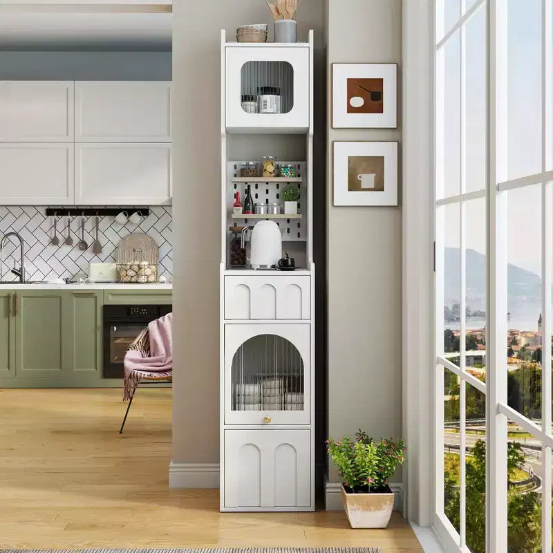 Armoire de rangement haute et étroite en panneaux de particules et MDF, 1 porte et 2 tiroirs, 180 cm de hauteur