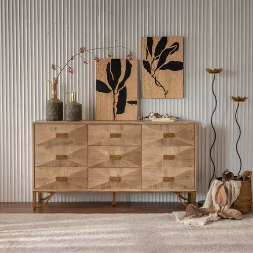JVNOXK 59.44-inch Wooden Sideboard, Three-Drawer Storage Cabinet with Geometric Relief, Suitable for Dining Rooms, Wood-Tone Finish