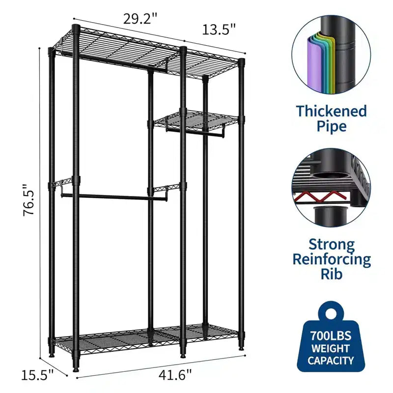 Portant à vêtements autoportant en acier avec étagères 194 cm H | Capacité de 227 kg