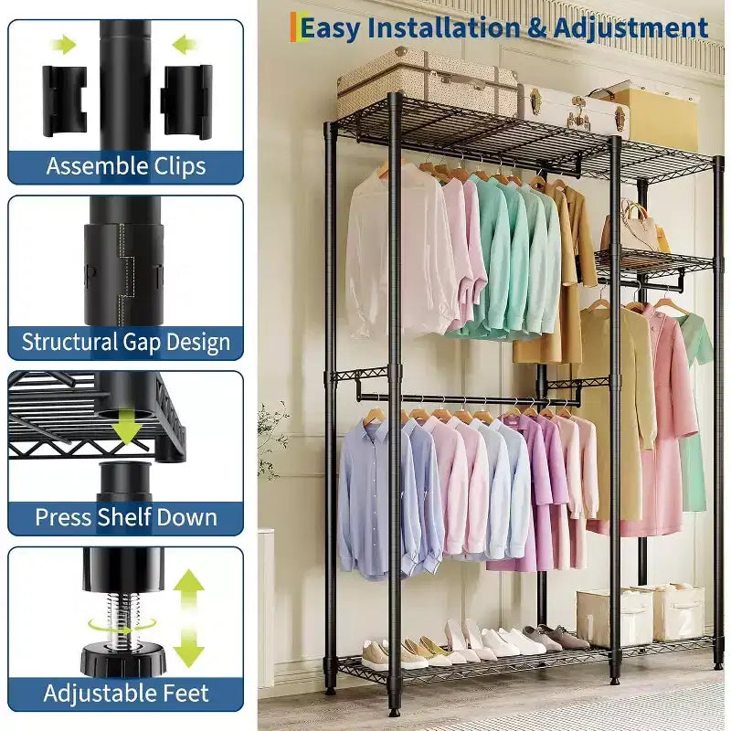 Portant à vêtements autoportant en acier avec étagères 194 cm H | Capacité de 227 kg