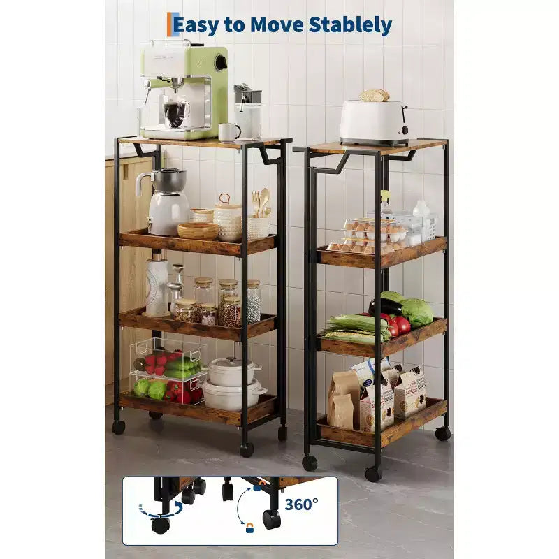 Chariot de rangement pliable en bois à 4 niveaux avec roues verrouillables