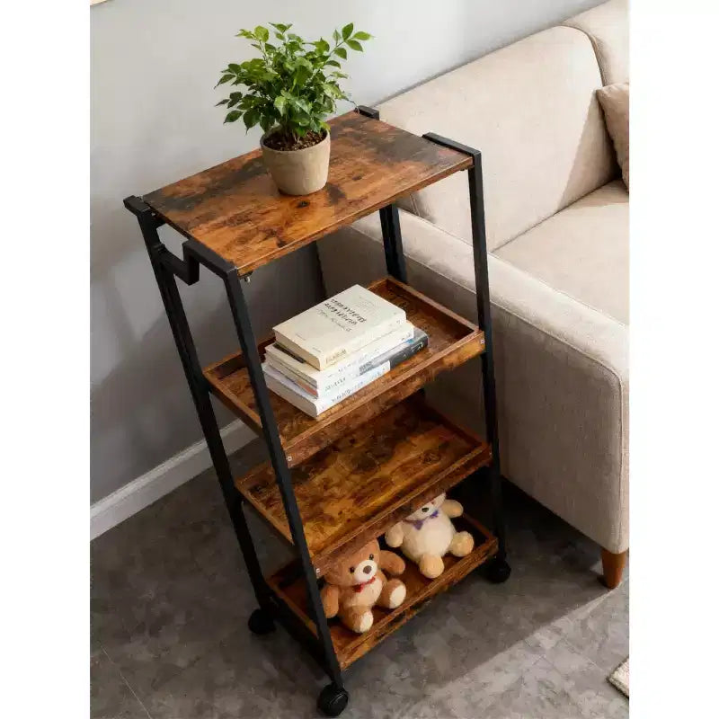 Chariot de rangement pliable en bois à 4 niveaux avec roues verrouillables