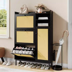 Shoe Cabinet with 3 Flip Drawers and 4 Tier Adjustable Shelves, Natural Rattan Shoe Organizer Storage for Entryway Hallway Closet