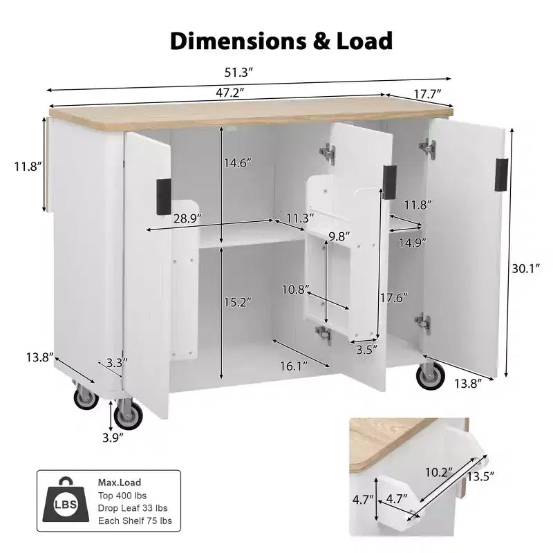 Îlot de cuisine roulant en MDF et pin 36,4''H x 51,3''P x 29,5''L