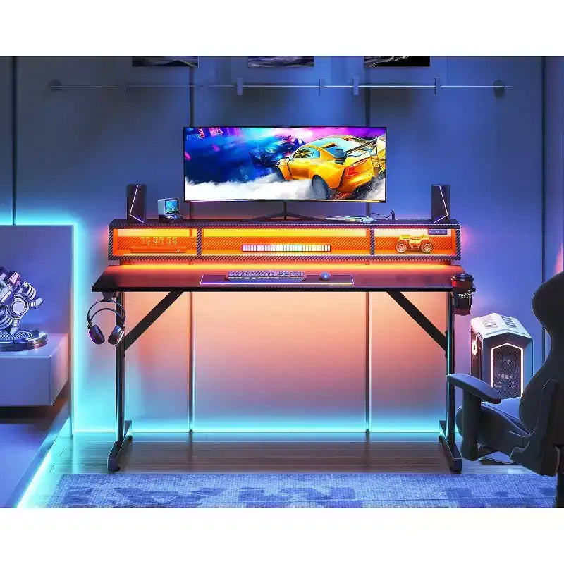 Bureau de jeu LED 48'' avec prises de courant et support de moniteur