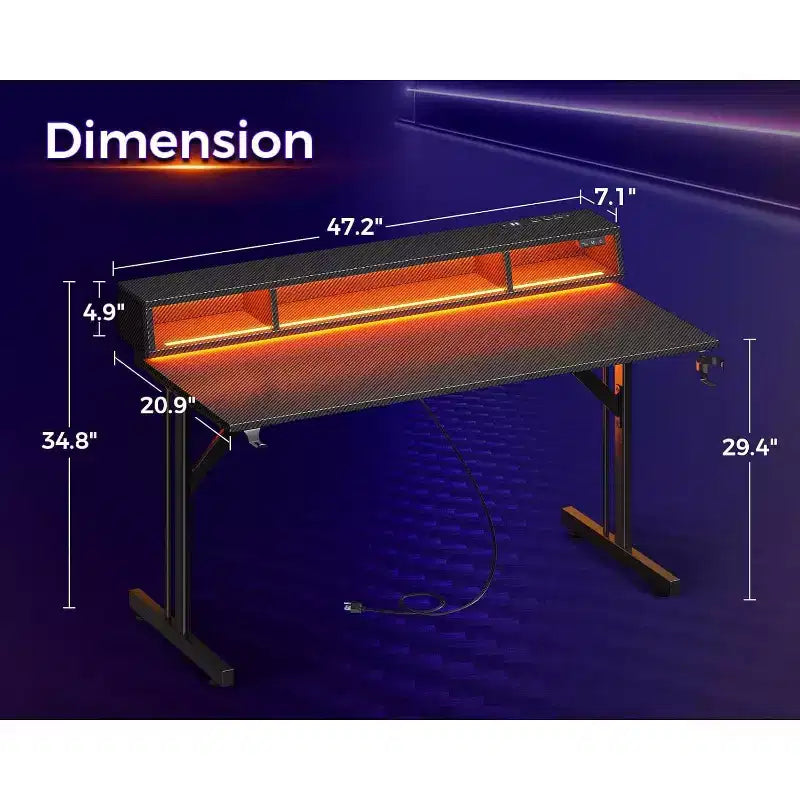 Bureau de jeu LED 48'' avec prises de courant et support de moniteur