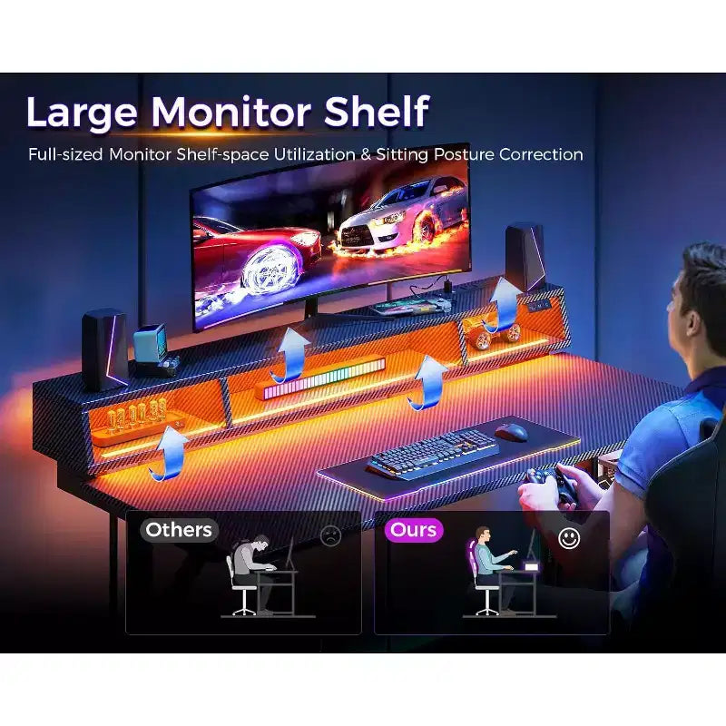 Bureau de jeu LED 48'' avec prises de courant et support de moniteur