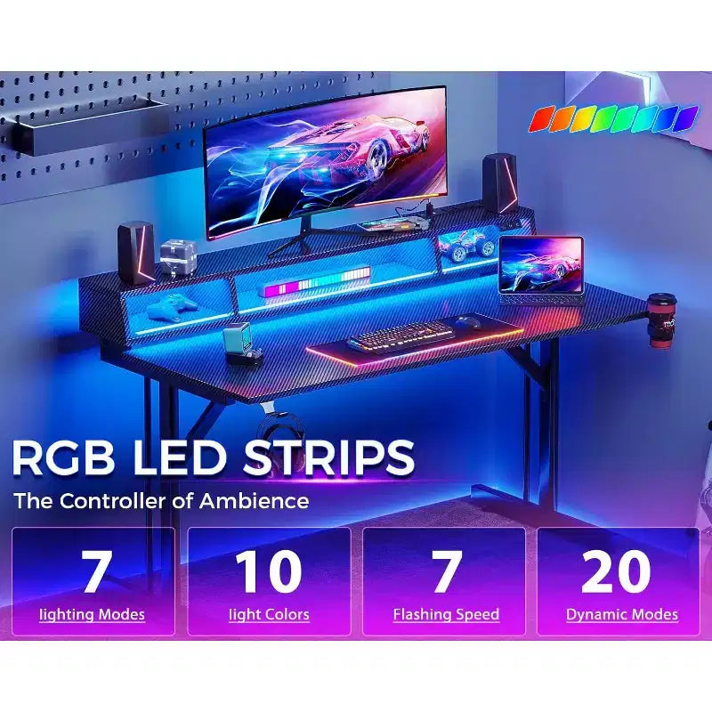 Bureau de jeu LED 48'' avec prises de courant et support de moniteur