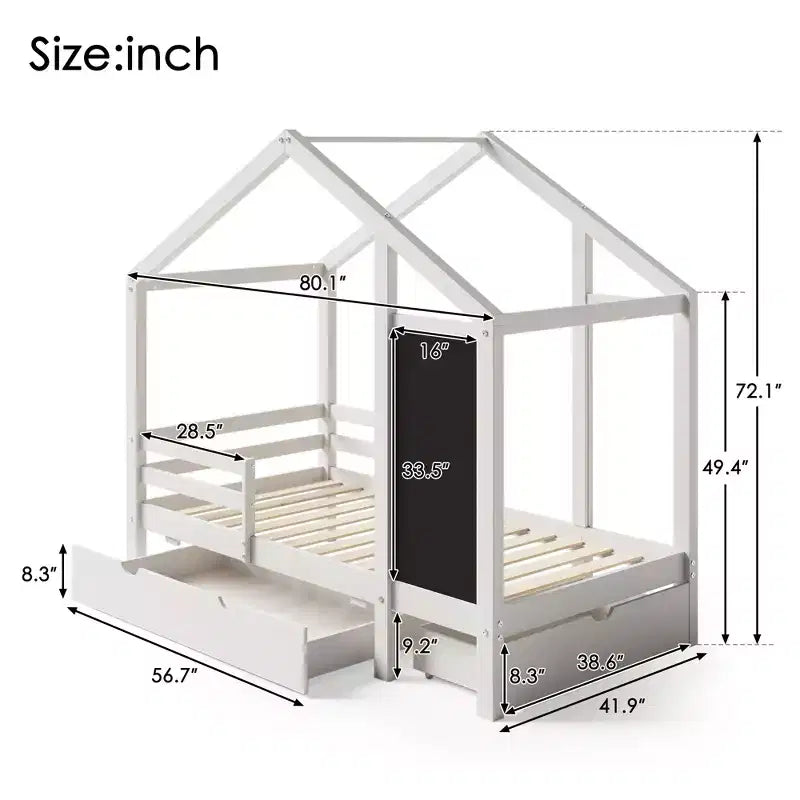 Lit d'enfant en bois avec cadre de maison, double, 183 cm (H) x 106,4 cm (l) x 203,5 cm (P)