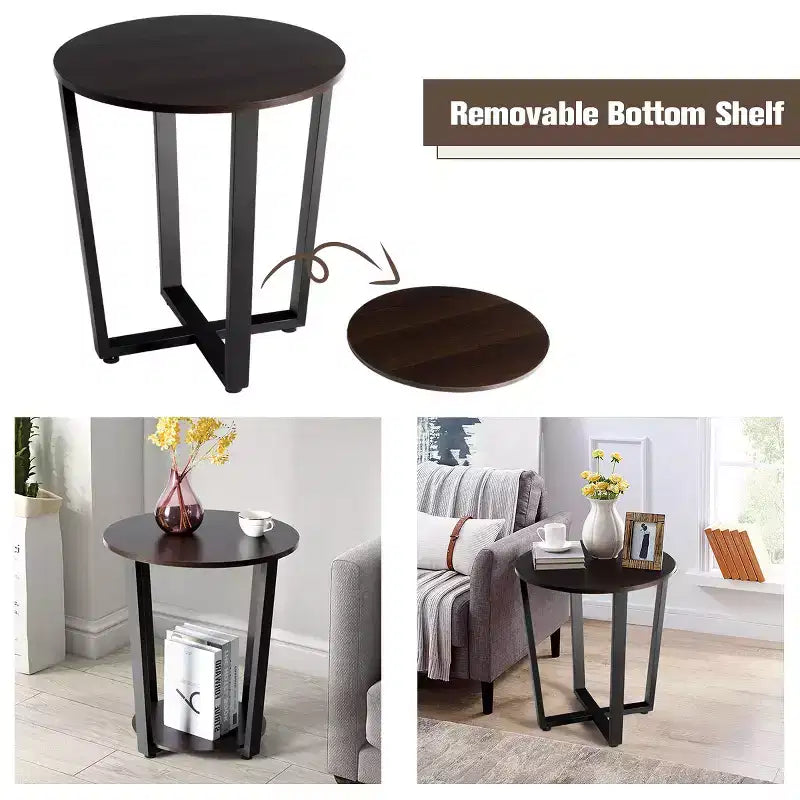 Table d'appoint ronde à 2 niveaux en panneaux de particules et fer 57 cm (H) x 49,5 cm (diamètre)