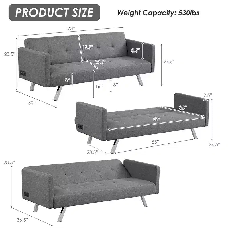 Canapé-lit futon convertible avec ports USB et multiprise