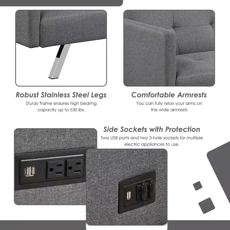 Canapé-lit futon convertible avec ports USB et multiprise