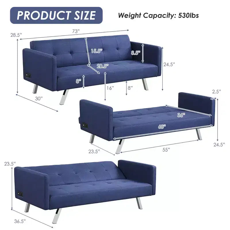 Canapé-lit futon convertible avec ports USB et multiprise